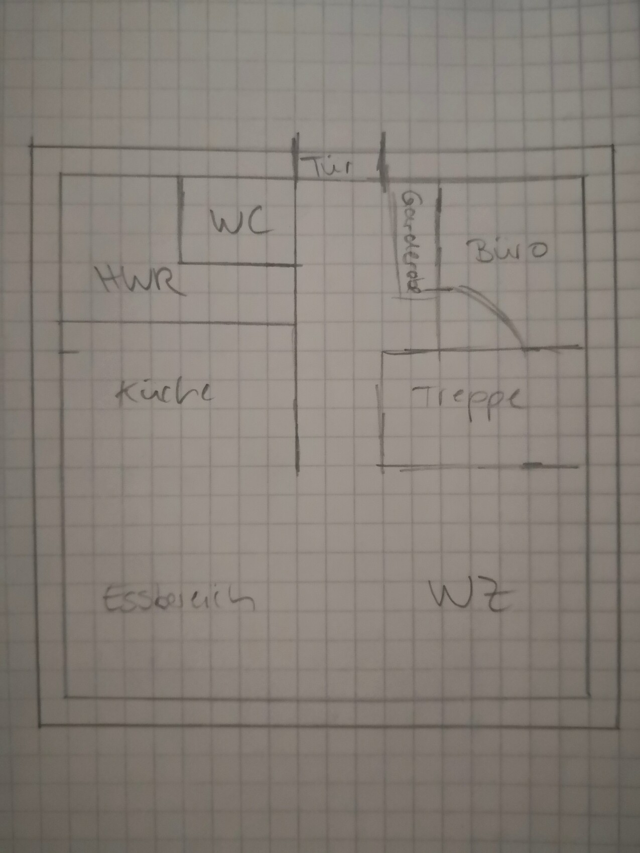Grundriss eines Hauses: Küche, Esszimmer, HWR, WC, Garderobe, Büro, Treppe, Wohnzimmer (WZ).