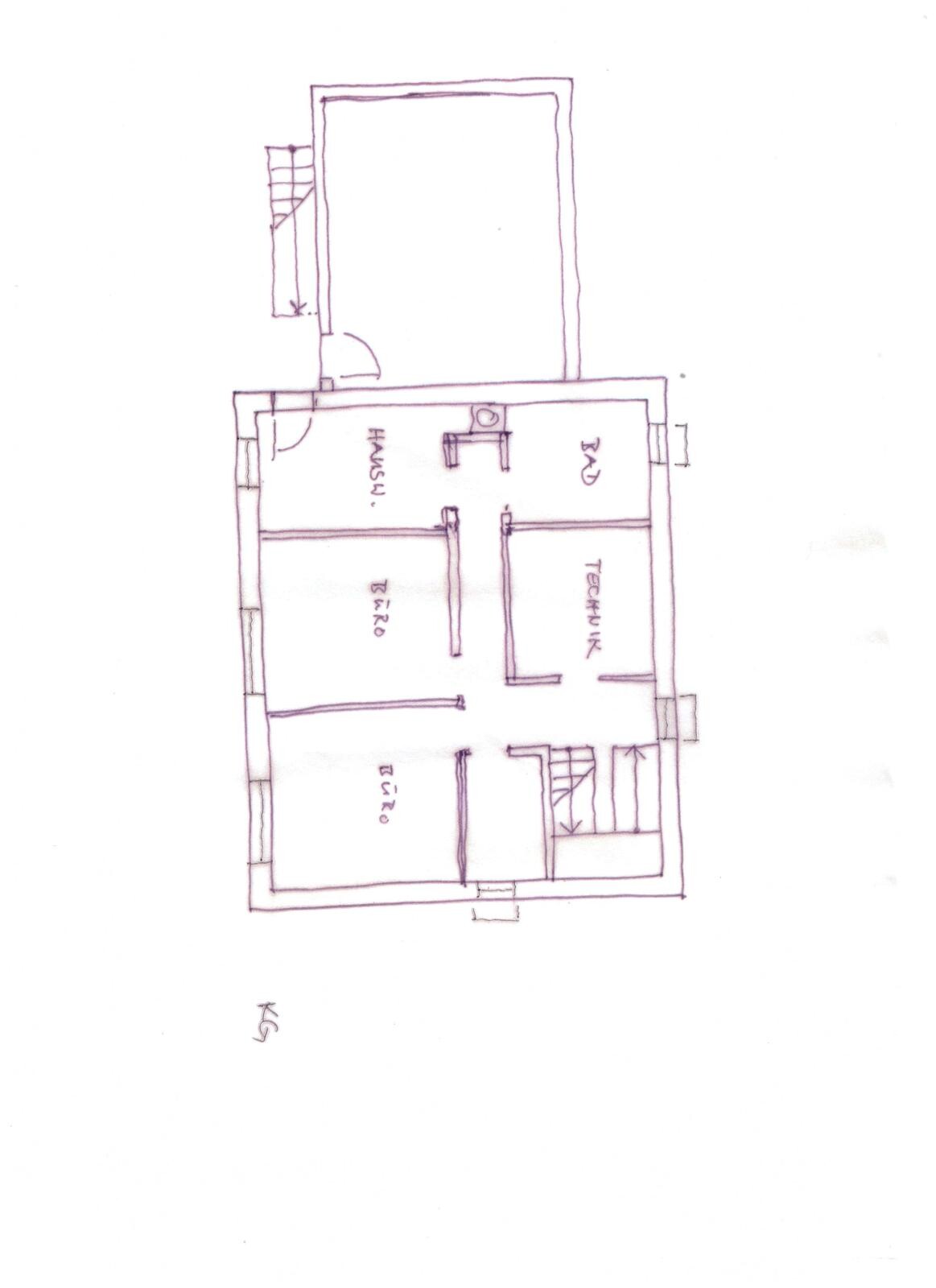 Handgezeichnete Haus-Grundriss-Skizze mit Zimmern, Bad, Technikraum und Treppe.