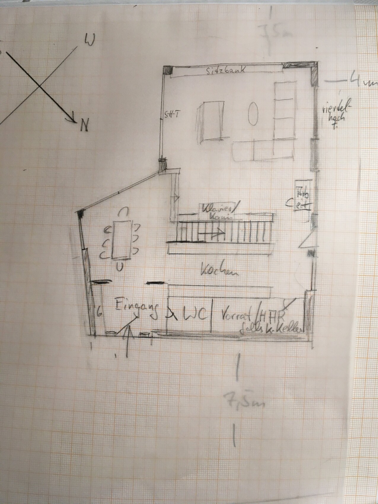 Grundriss-Skizze: Eingang, Küche, WC/Vorrat, Wohnzimmer mit Sofa.
