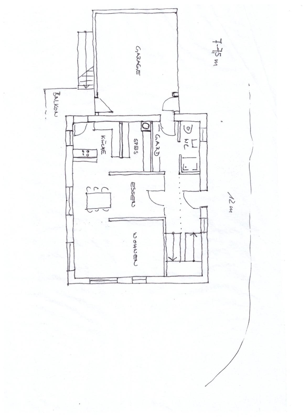 Skizzenhafter Grundriss eines Hauses: Küche, Essen, Wohnzimmer, Bad, WC, Flur, Garage, Garten