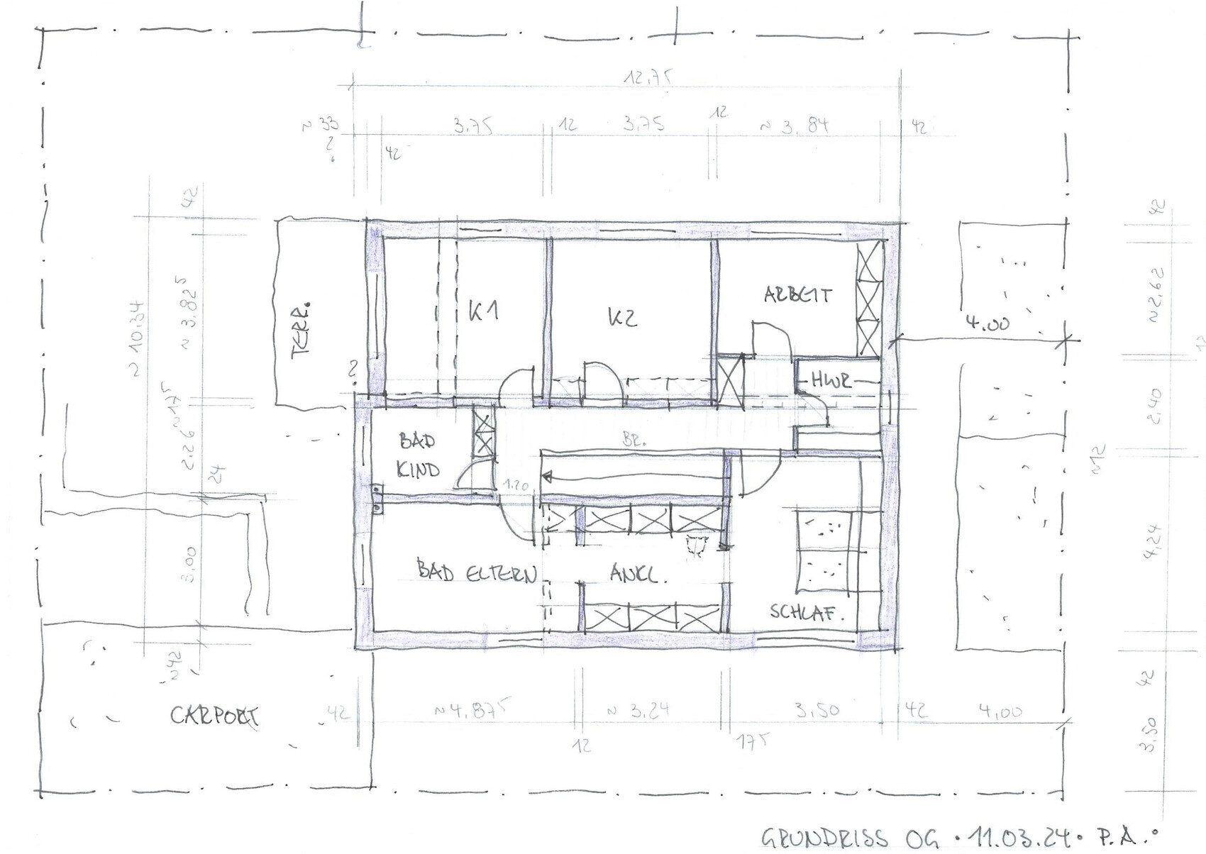 Grundriss OG: K1, K2, Arbeitszimmer, Bad Kind, Bad Eltern, Ankleide, Schlafraum.