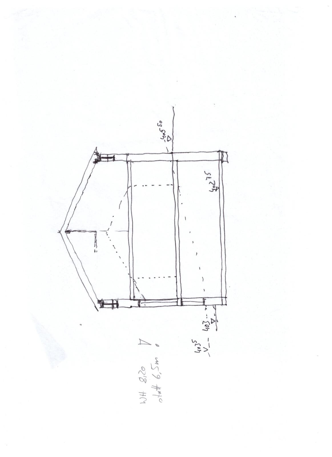 Skizze eines geometrischen Bauplans: links Hexagon, rechts Rechteck, Innenlinien zeigen Kanten.