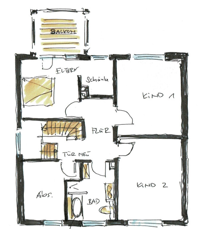 Handgezeichneter Grundriss: Balkon oben, Eltern links, 2 Kinderzimmer rechts, Bad unten, Flur.