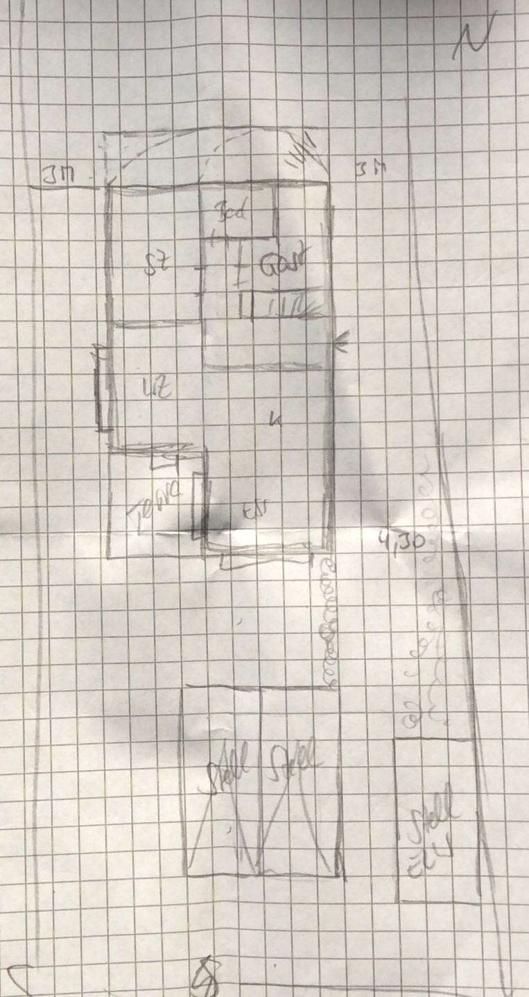 Handgezeichnete Grundriss-Skizze eines Hauses mit Zimmern und Garten auf kariertem Papier