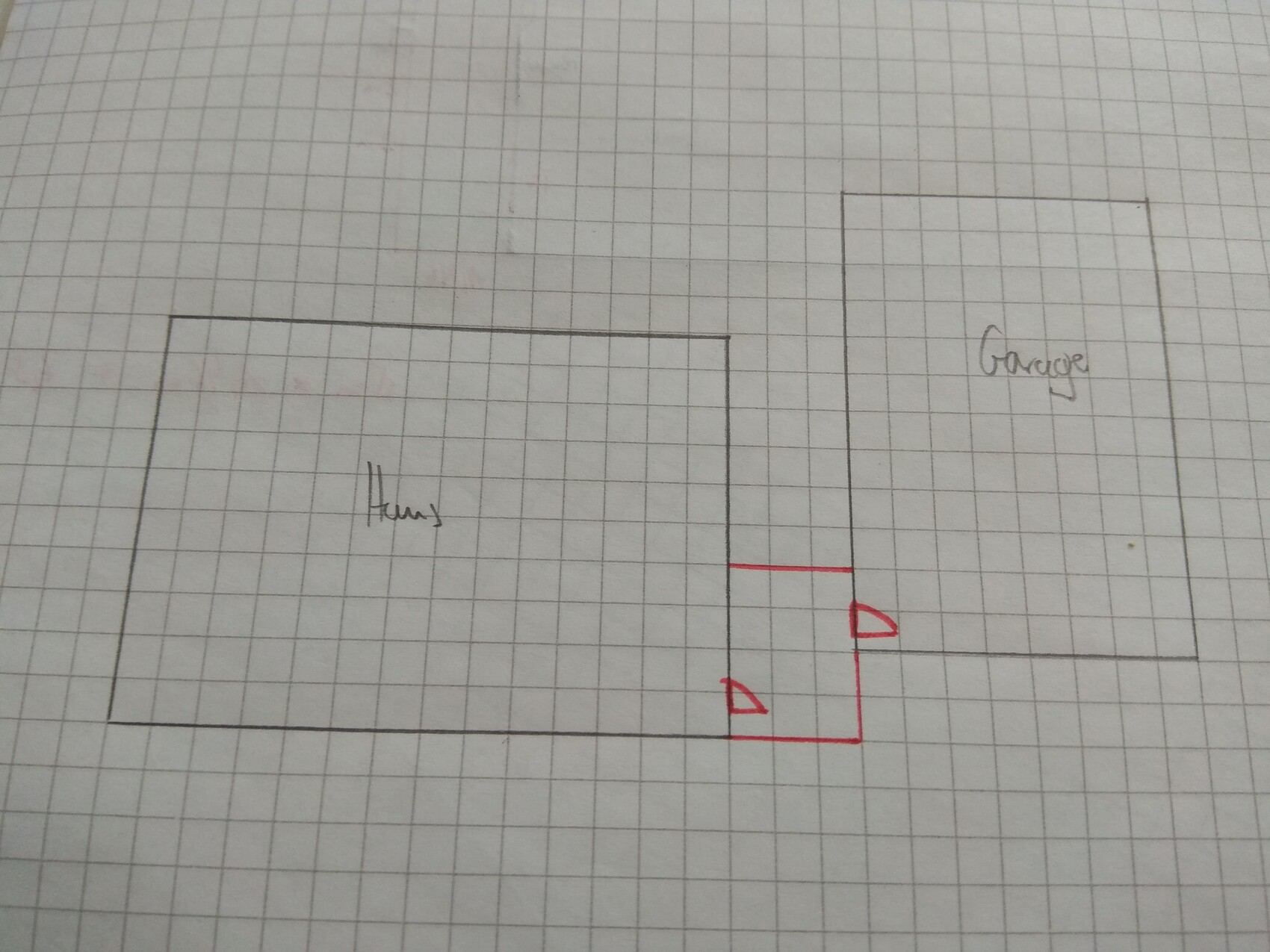 Skizze: Haus links, Garage rechts, rote L-förmige Türöffnung zwischen Haus und Garage.