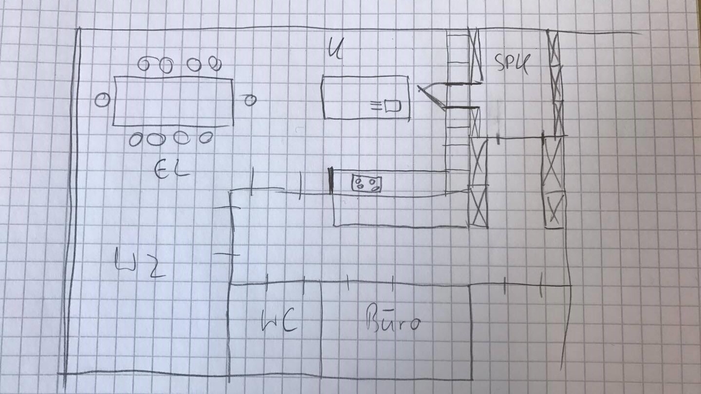 Skizze eines Büro-Grundrisses: Besprechungstisch links, Küche rechts, WC und Büro unten.