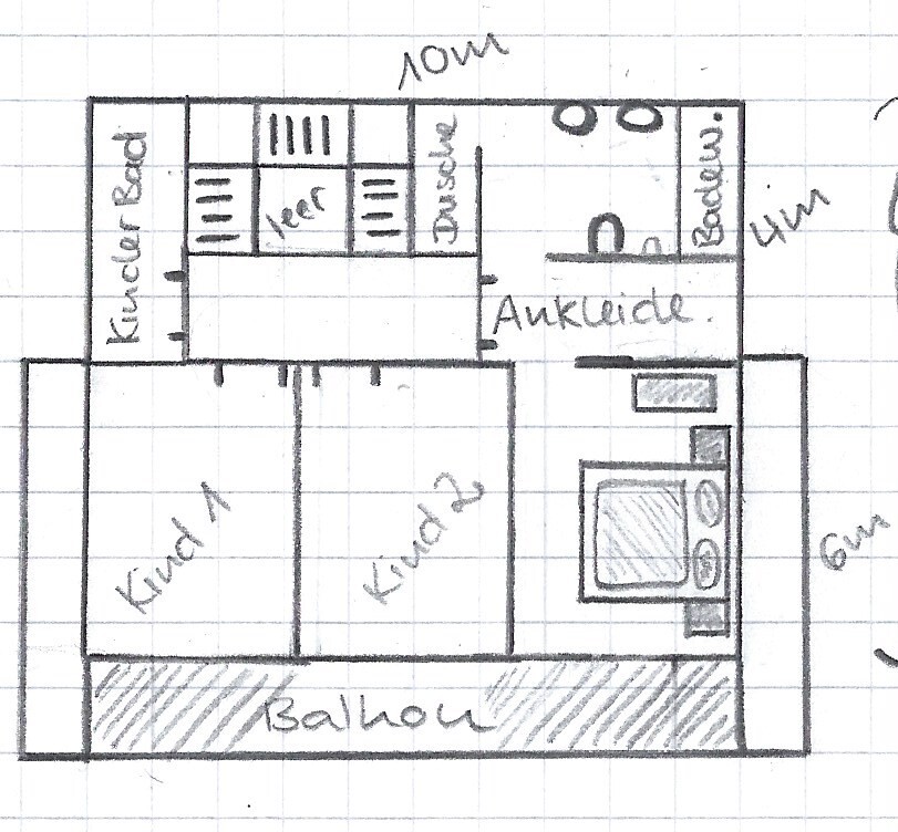 Grundriss einer Wohnung: Küche, Bad, Ankleide, Wohnzimmer, zwei Kinderzimmer, Balkon.