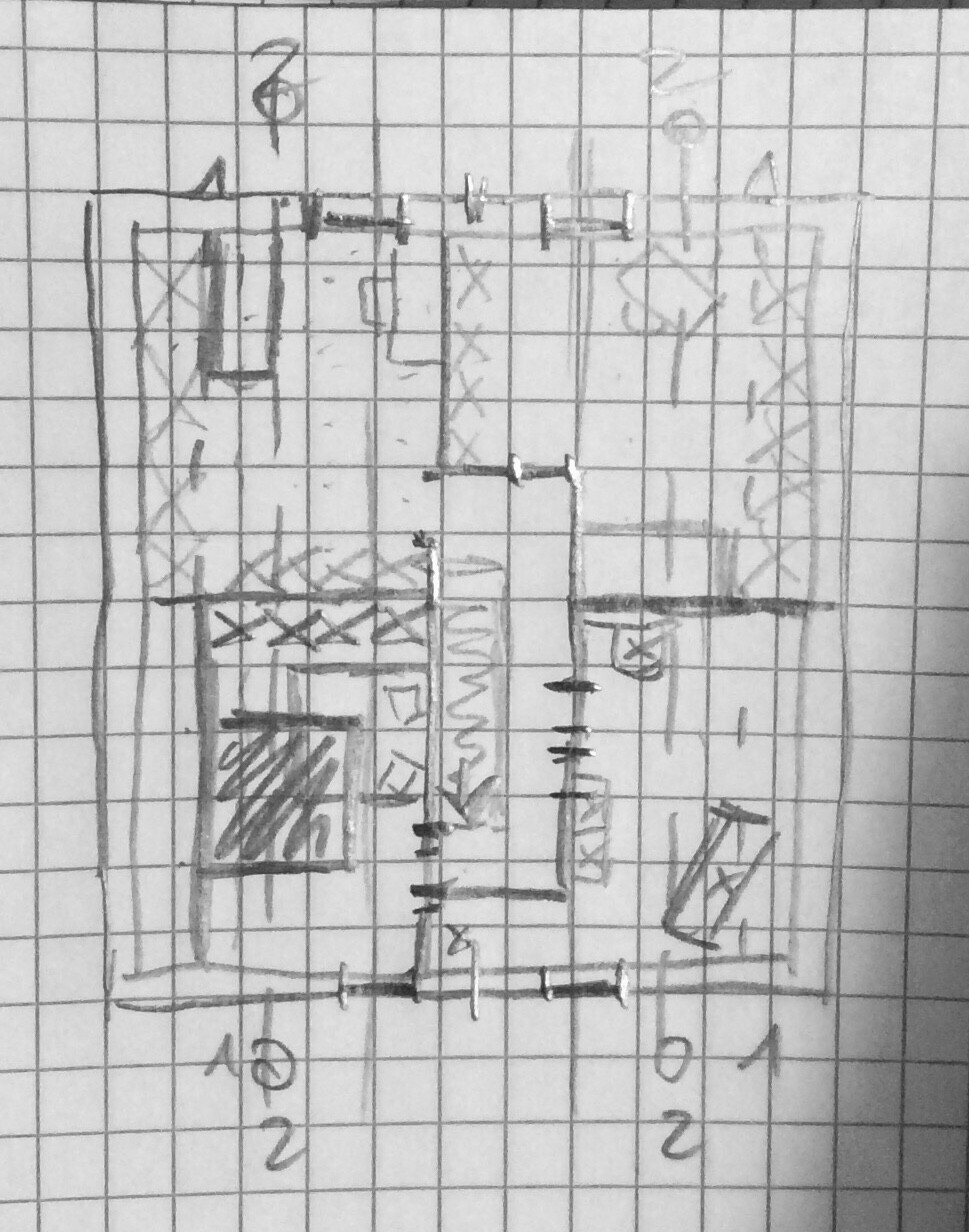 Skizzenhafter Grundriss eines Gebäudes auf Linienpapier mit Zimmern, Türen und Fluren.