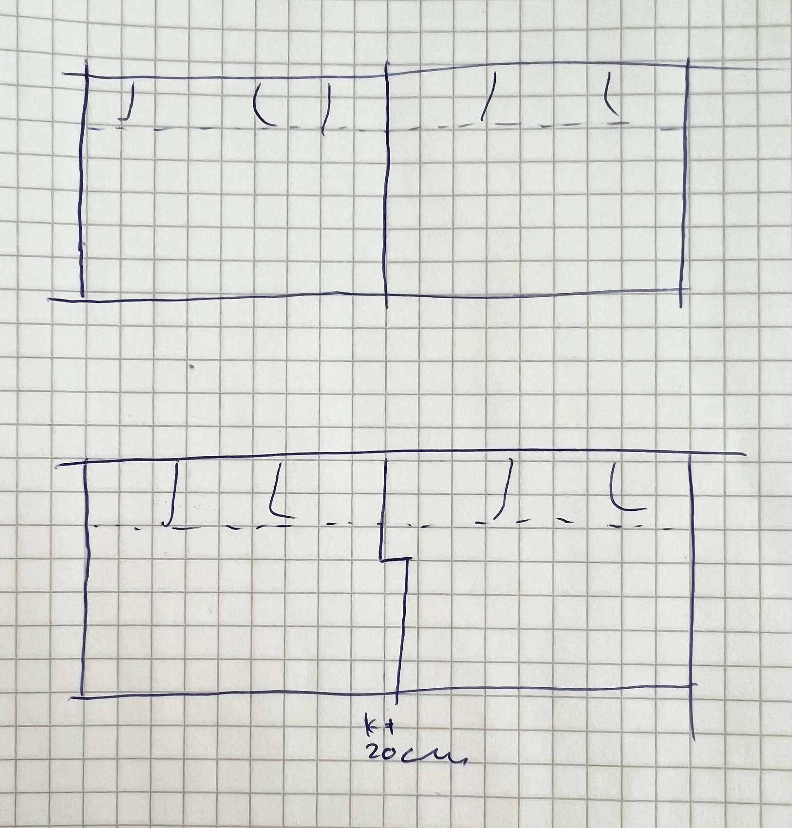 Skizze: Oben zwei Räume nebeneinander; unten zwei Räume mit Durchbruch; 20 cm.