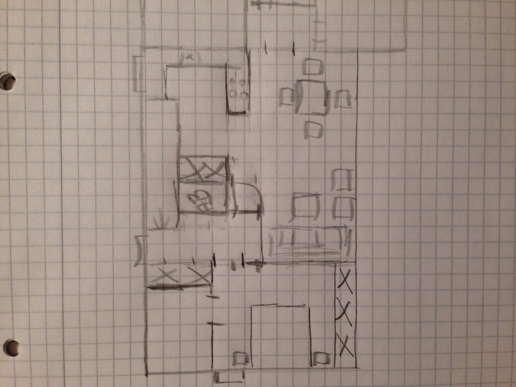 Handgezeichnete Grundriss-Skizze eines Hauses mit Räumen, Möbeln und Türen.