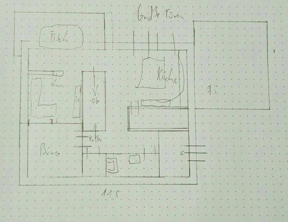 Handgezeichnete Grundriss-Skizze eines Hauses mit Büro, Küche, Flur und Treppen.