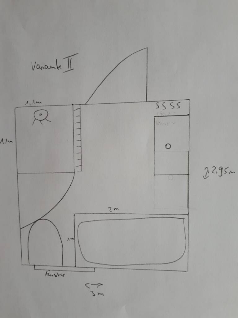 Handgezeichnete Grundrissskizze mit Bad, Türen und Raumaufteilung für Hausbau