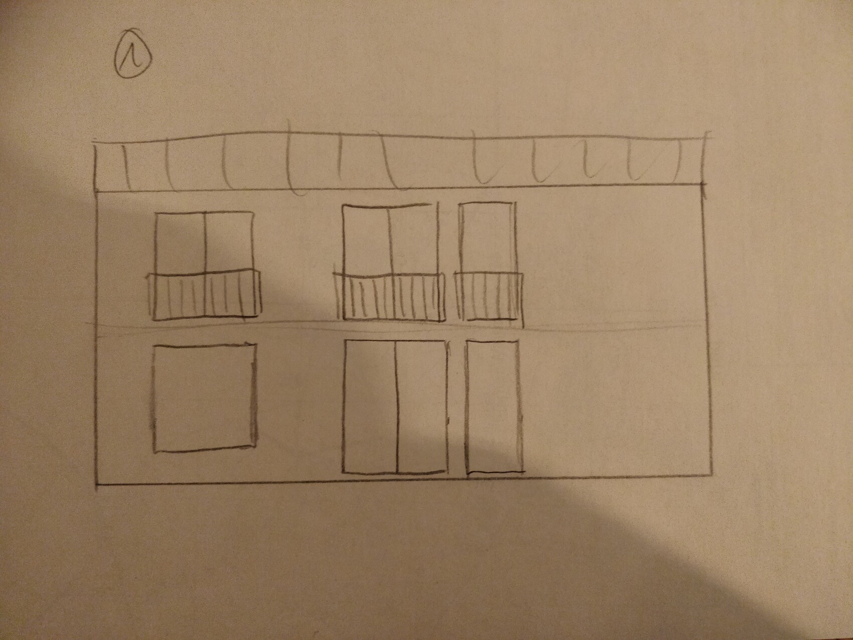 Zweistöckiges Haus-Skizze: flaches Dach, drei Oberfenster, unten Fenster und zwei Türen