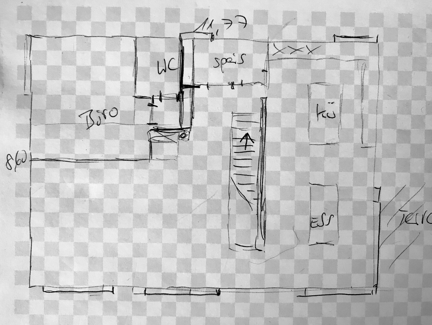 Grundriss-Skizze: Büro links, WC und Speis in der Mitte, Esszimmer und Küche rechts.