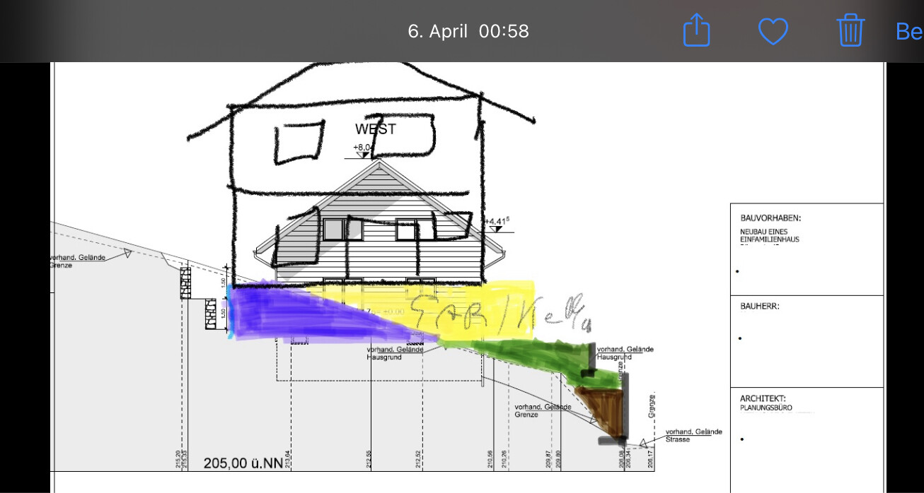 Handskizze eines Hauses am Hang über Grundriss mit farbigen Markierungen (blau, lila, gelb, grün).
