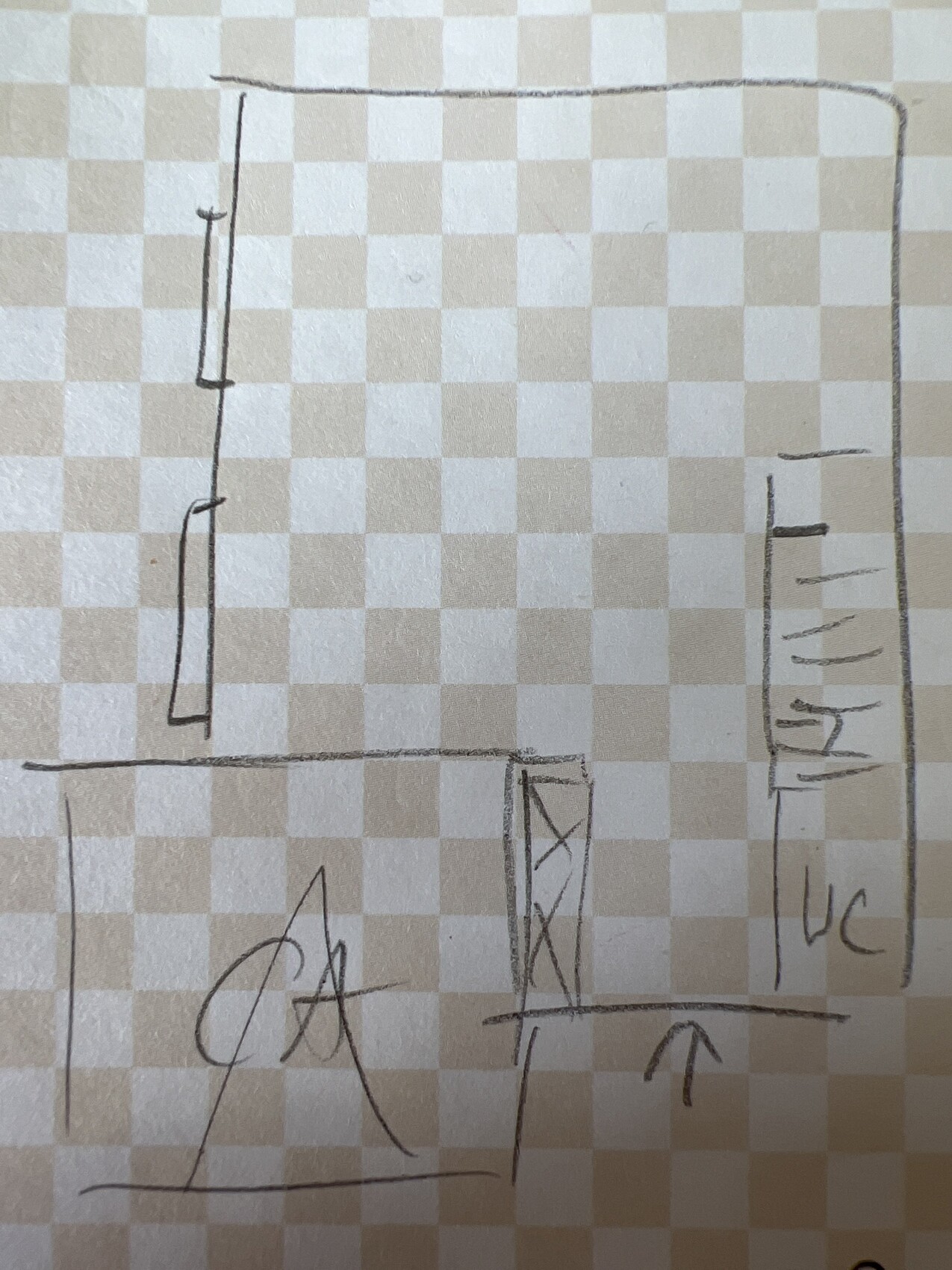 Handgezeichnete Skizze eines rechteckigen Raums mit Tür links, Stütze rechts und Dreieck links unten.