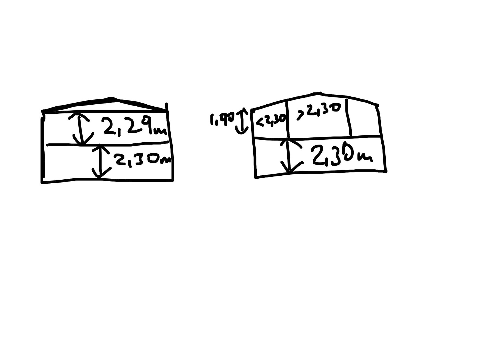 Skizze zweier Rechtecke mit Höhenangaben in Metern (2,29 m; 2,30 m; 1,97 m).