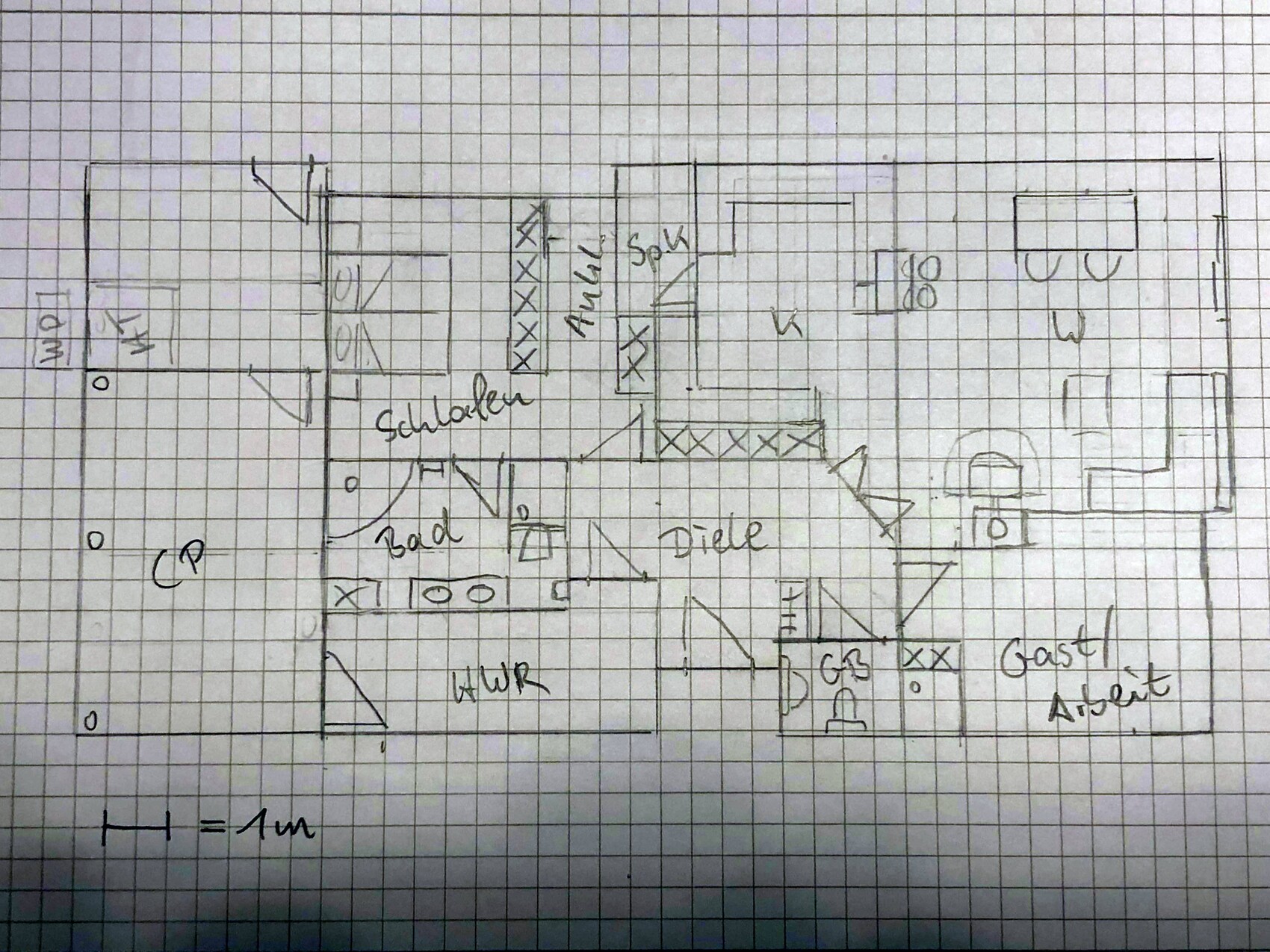 Handgezeichnetes Hausgrundriss-Schema: Schlafzimmer, Bad, Diele, HWR, Gästezimmer.
