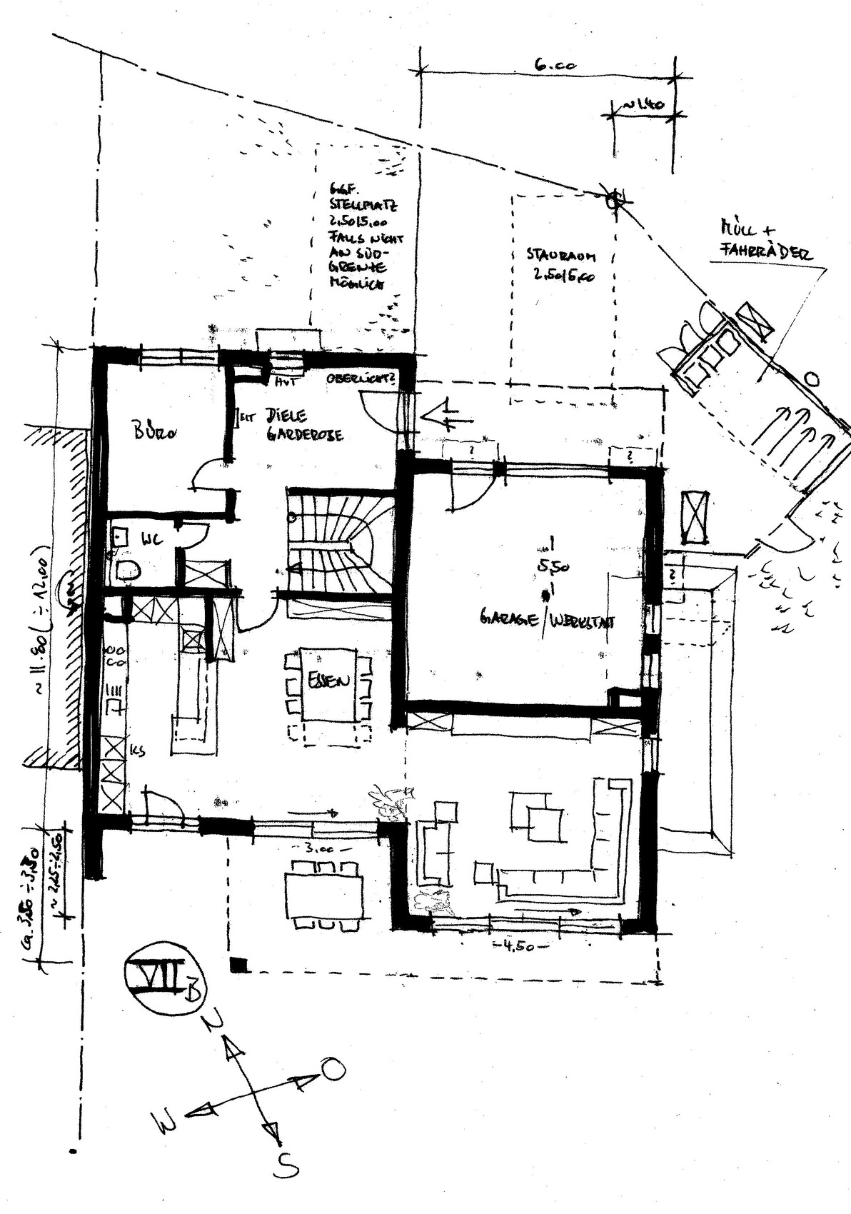 Handgezeichneter Grundriss: Büro, Diele/Garderobe, Essen, Wohnzimmer, Garage/Werkstatt.