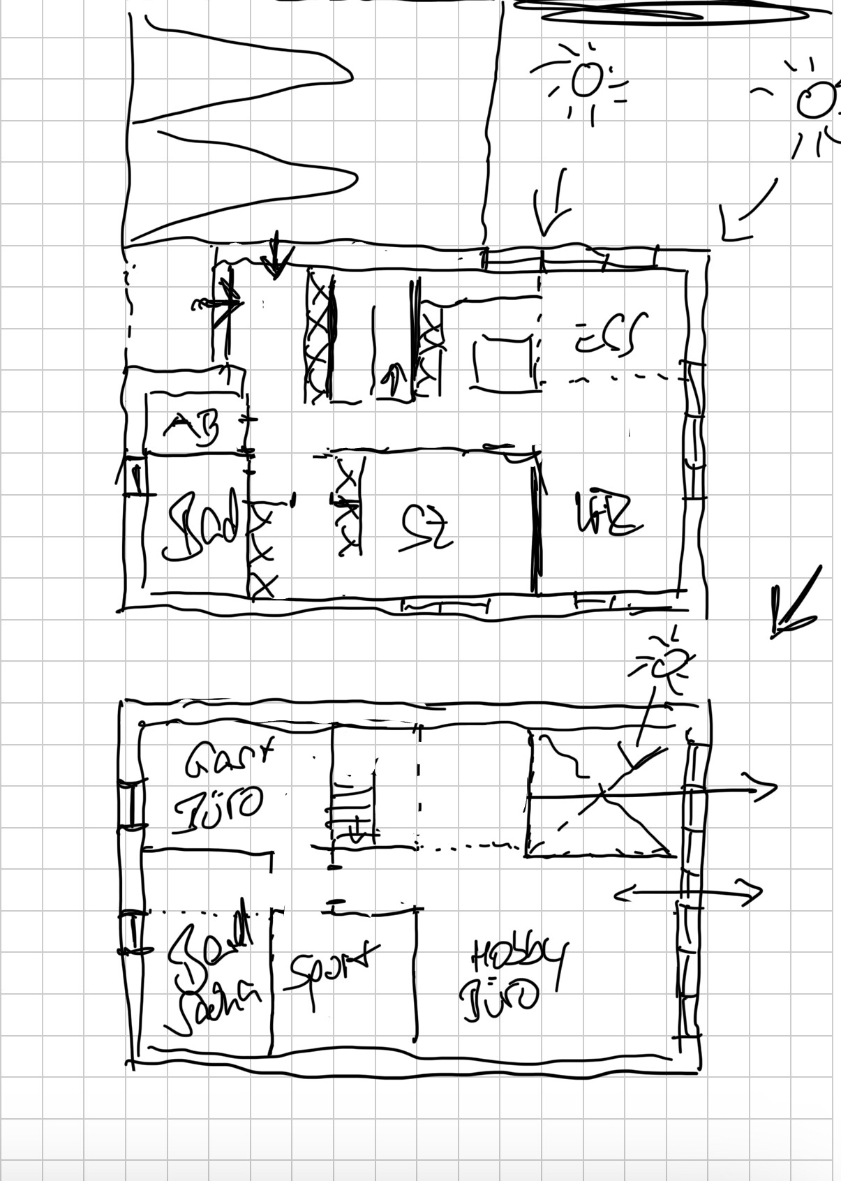Handgezeichnete Grundriss-Skizze eines mehrstöckigen Hauses mit Zimmern, Türen und Pfeilen.