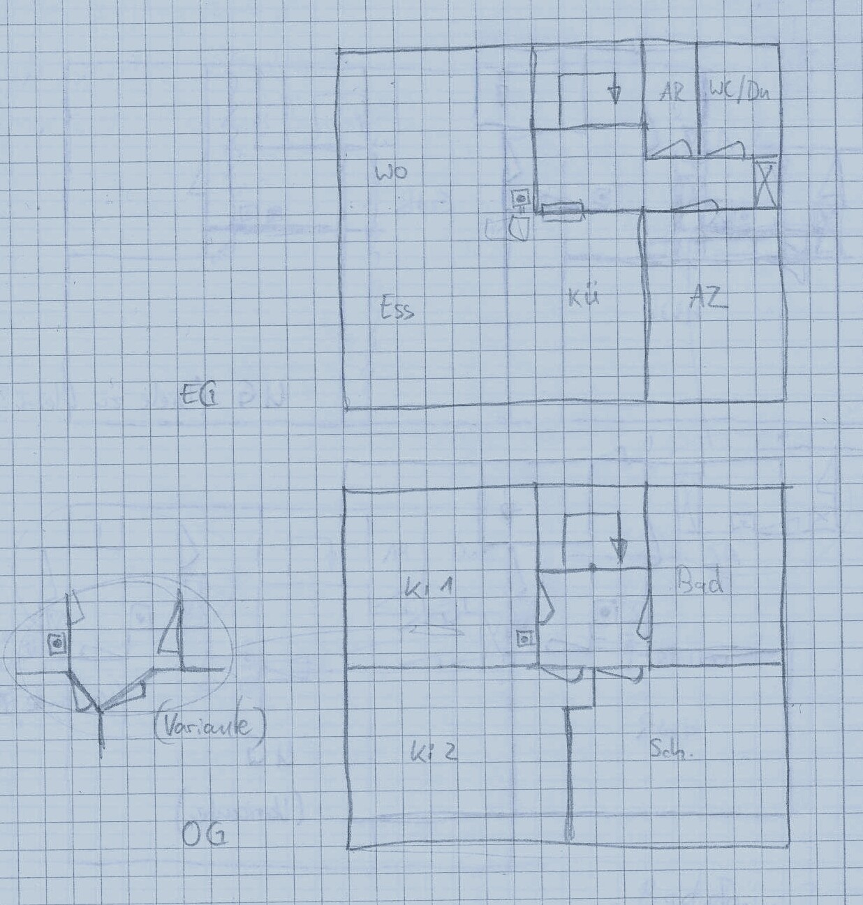Skizze eines zweigeschossigen Wohnplans: EG mit Wohn/Ess/Küche; AR, WC/Du; OG mit K1, K2, Schlafen.