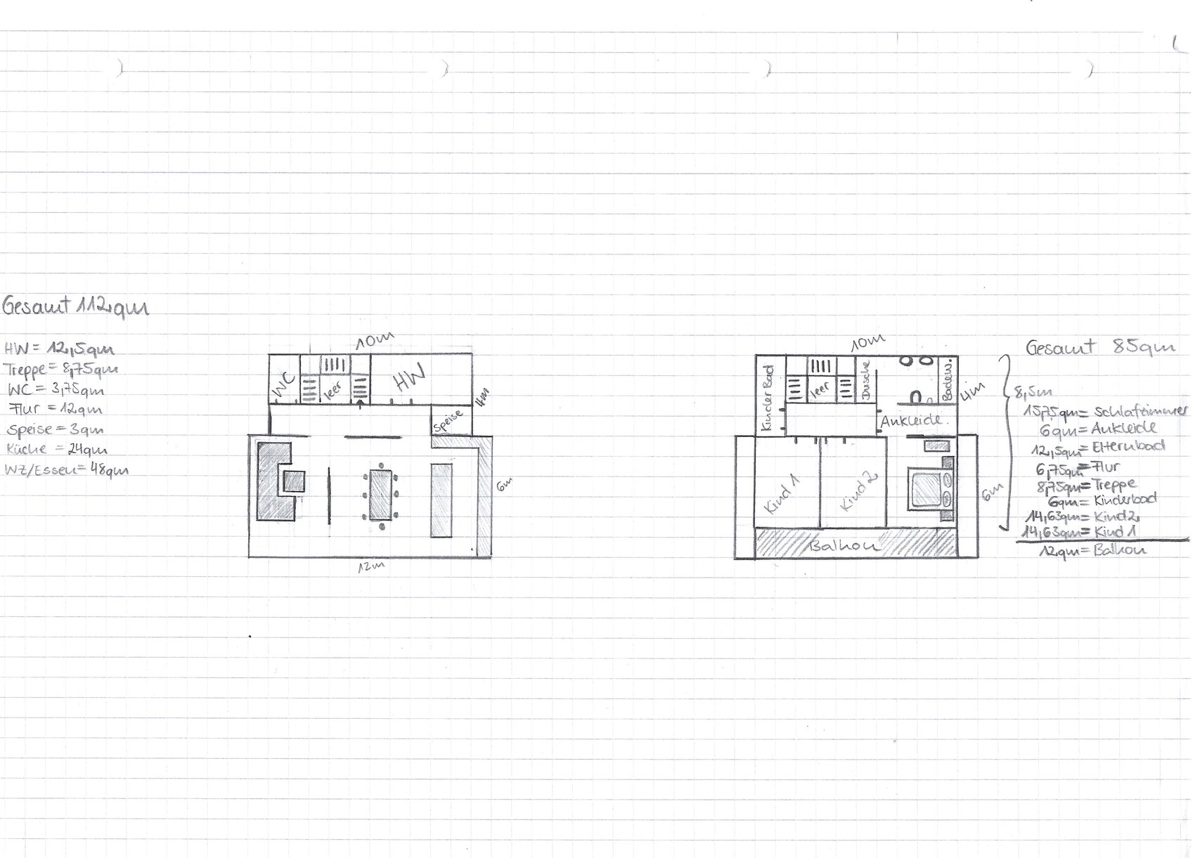 Zwei Grundrisse: links 112 m² Küche/WZ; rechts 85 m² mit zwei Kinderzimmern.