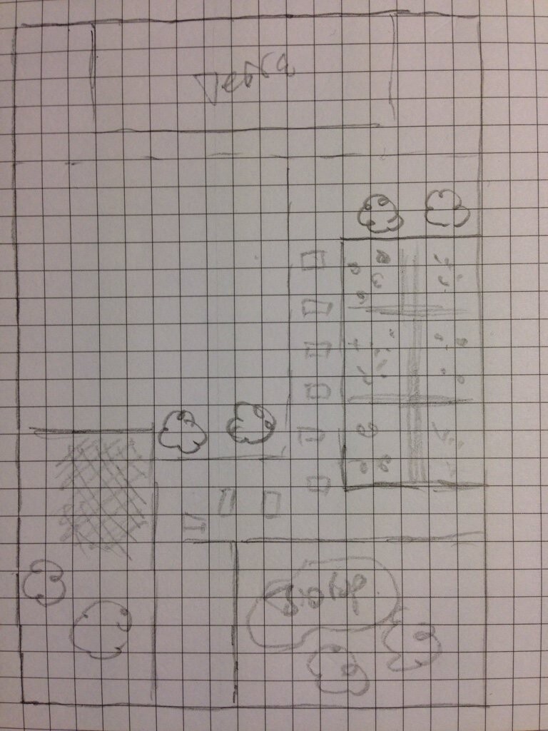 Handgezeichnete Grundriss-Skizze eines Hauses mit Zimmern und Möbeln auf kariertem Papier.