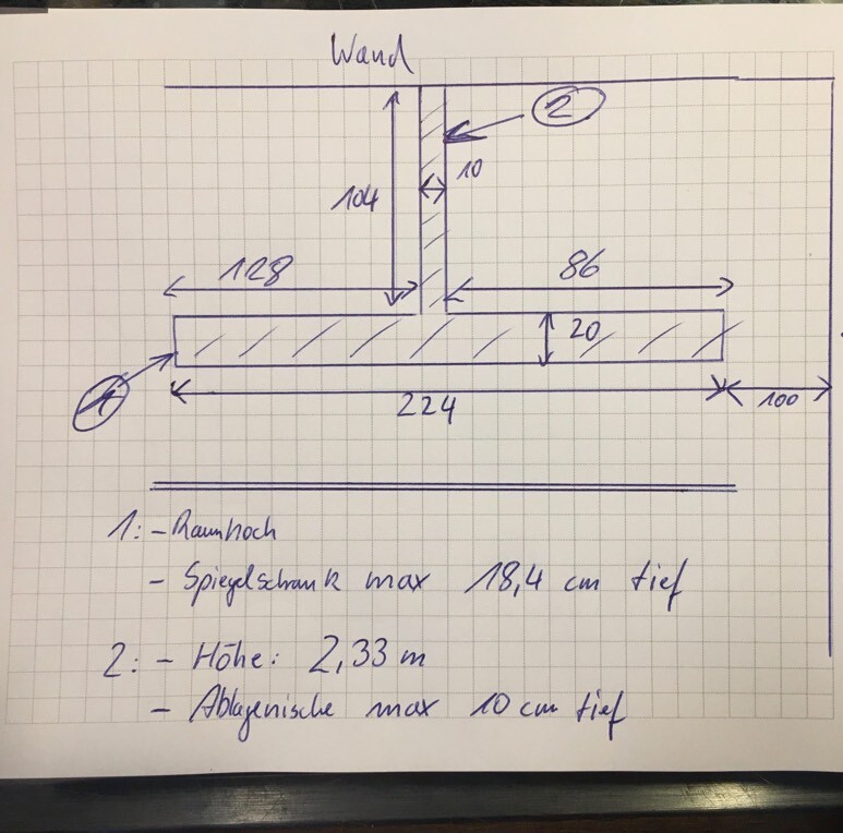 Handskizze: Wandmontierter Spiegelschrank mit Länge 224 cm und Höhenangaben.