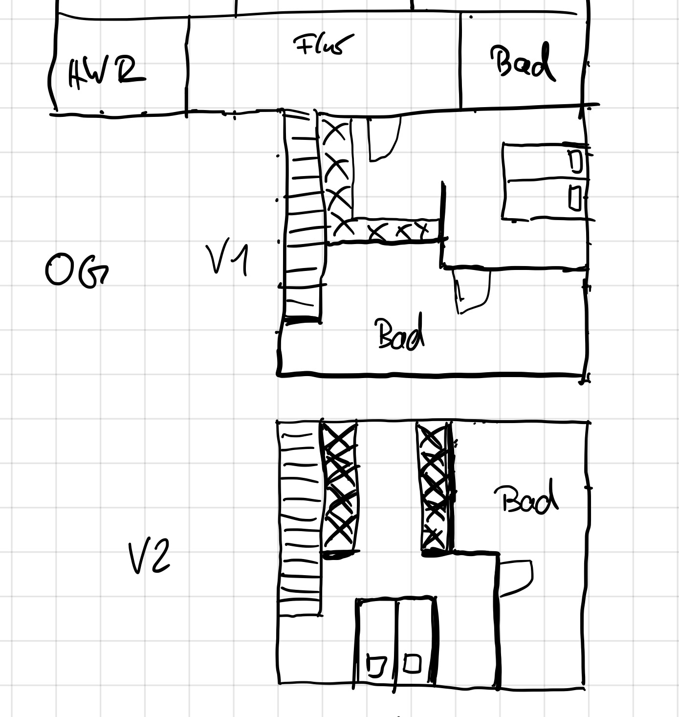 Grundriss eines zweigeschossigen Hauses: OG mit Flur, Bad und Treppenhaus; V2 mit Bad.