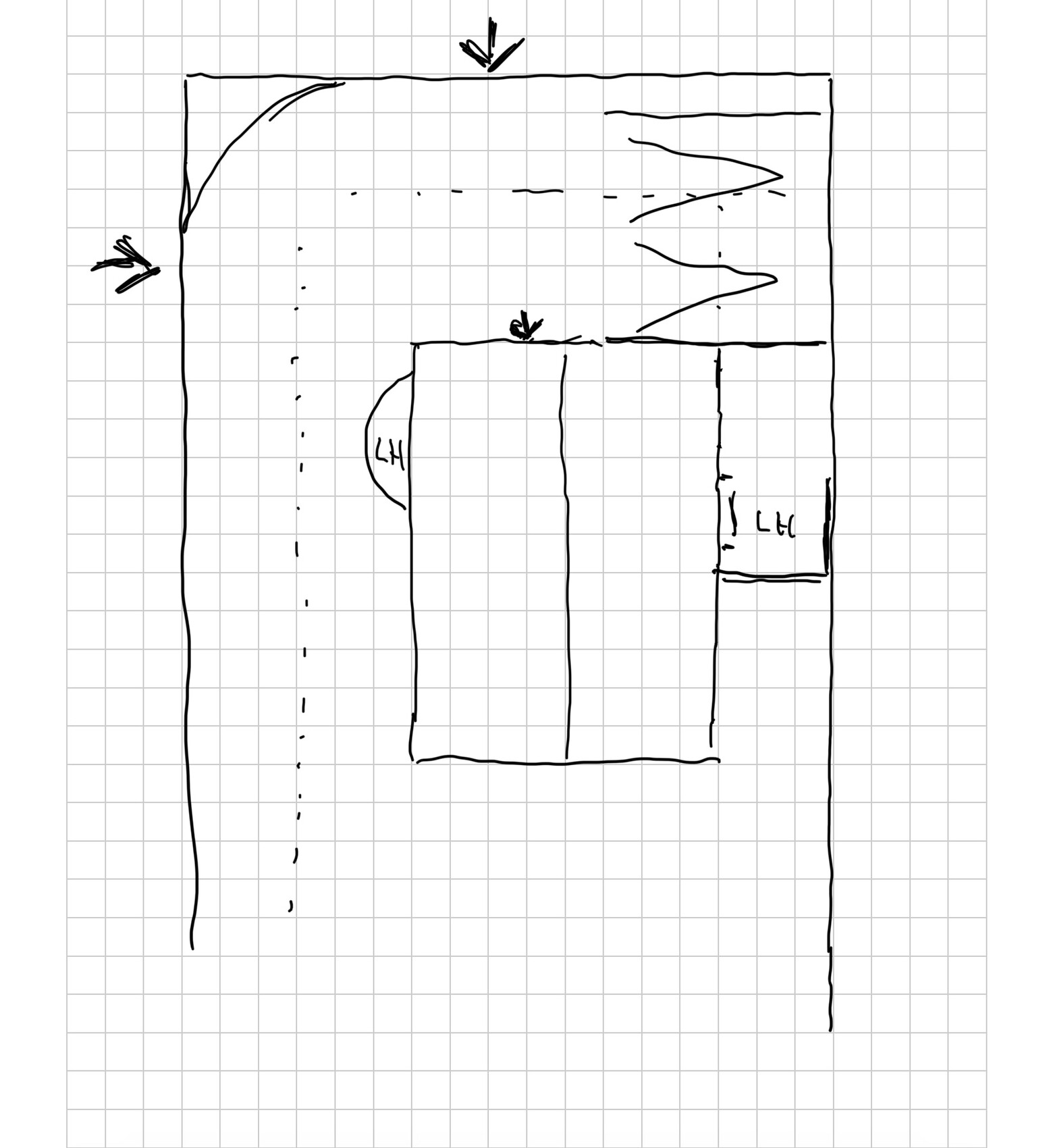 Handgezeichneter Grundriss eines Raums mit Innenwänden, Türen und Fenster.