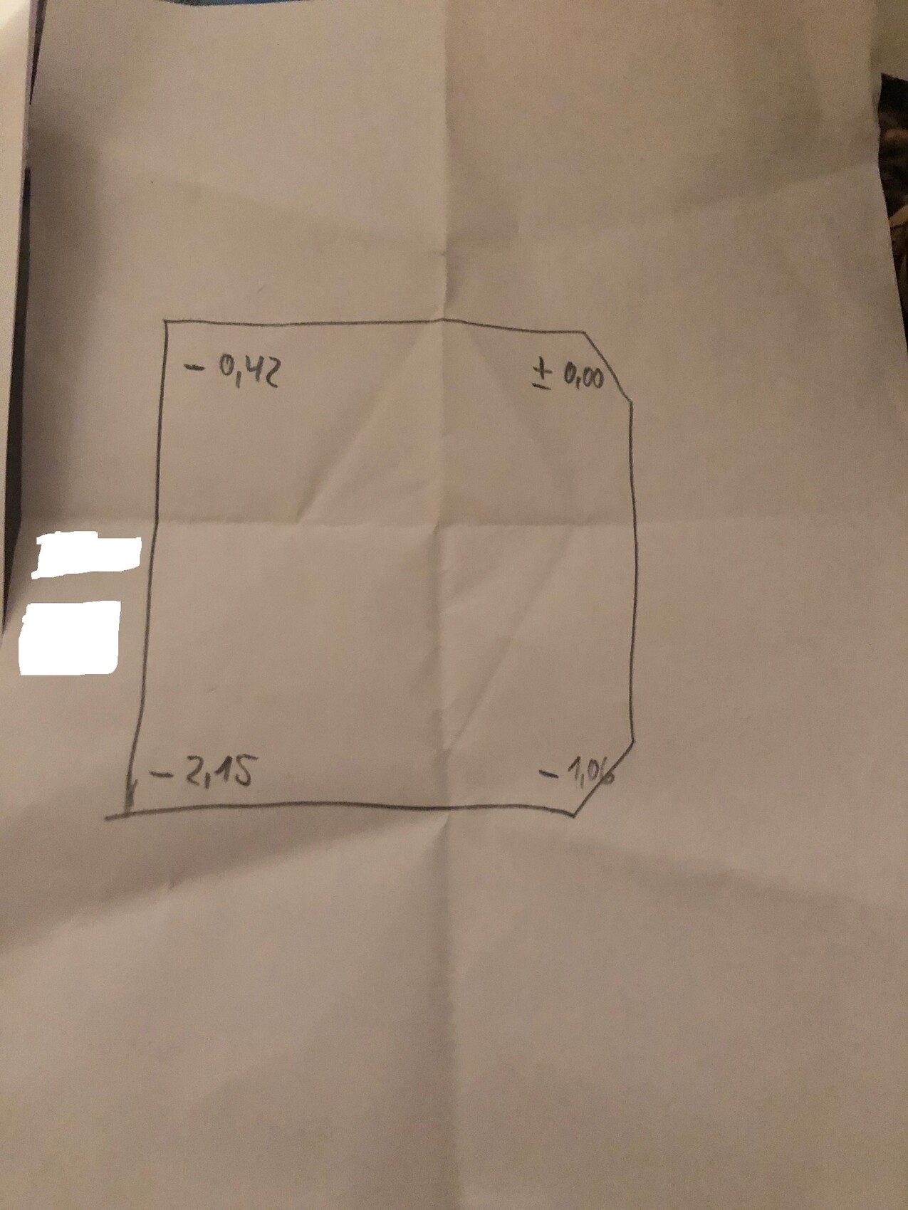 Unregelmäßiges Rechteck auf Papier mit Randmaß (-0,42, +0,00, -2,15, -1,06).