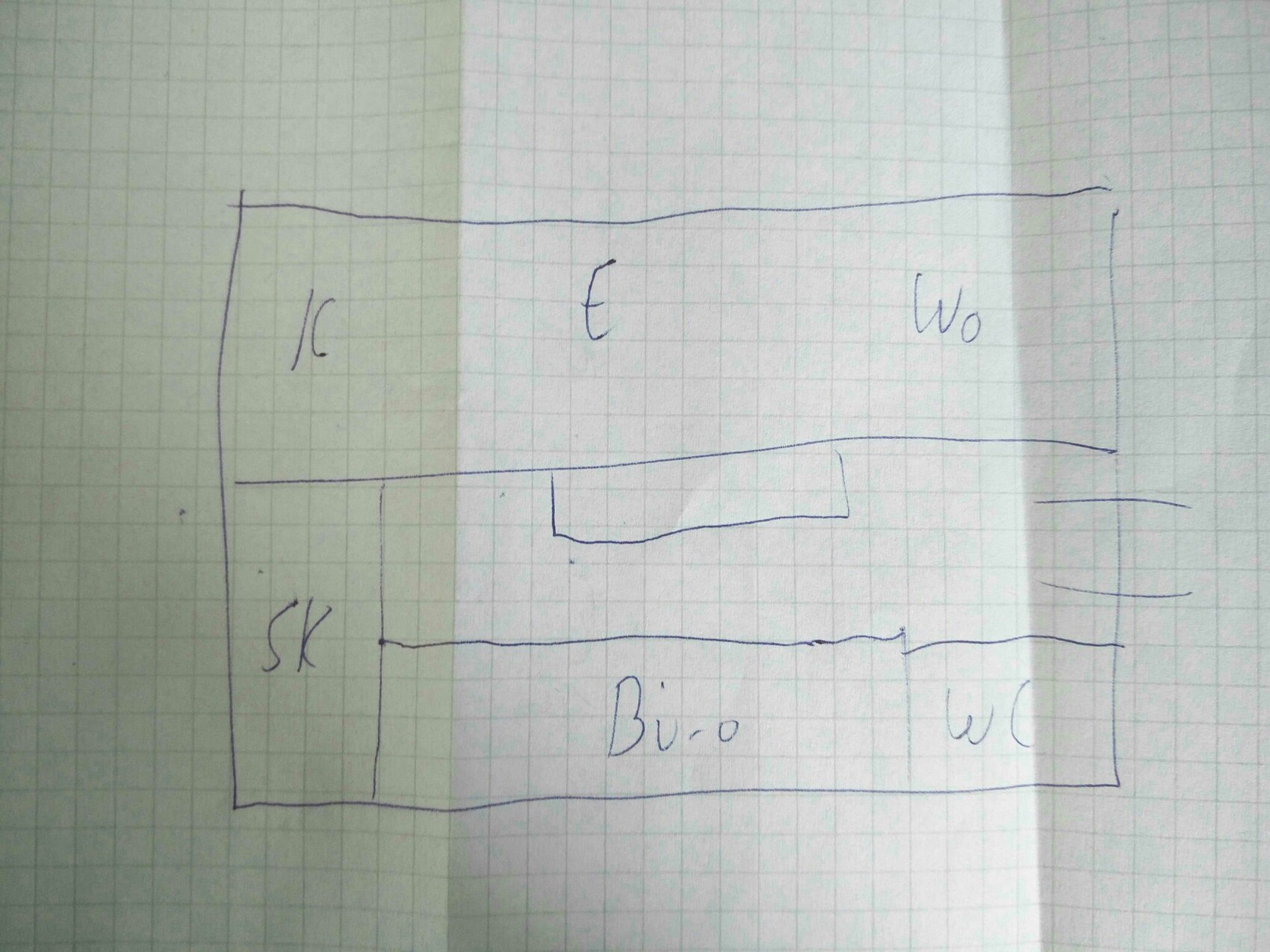 Handskizze eines Grundrisses mit Büro, WC, SK, IC, E und Wo.