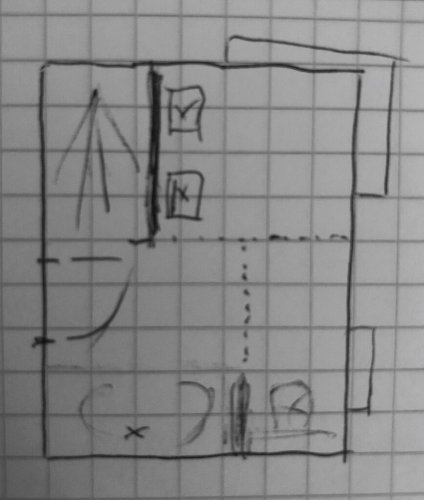 Handgezeichnete Grundriss-Skizze eines Wohnraums mit Wänden, Türen und Möbeln auf Karopapier.