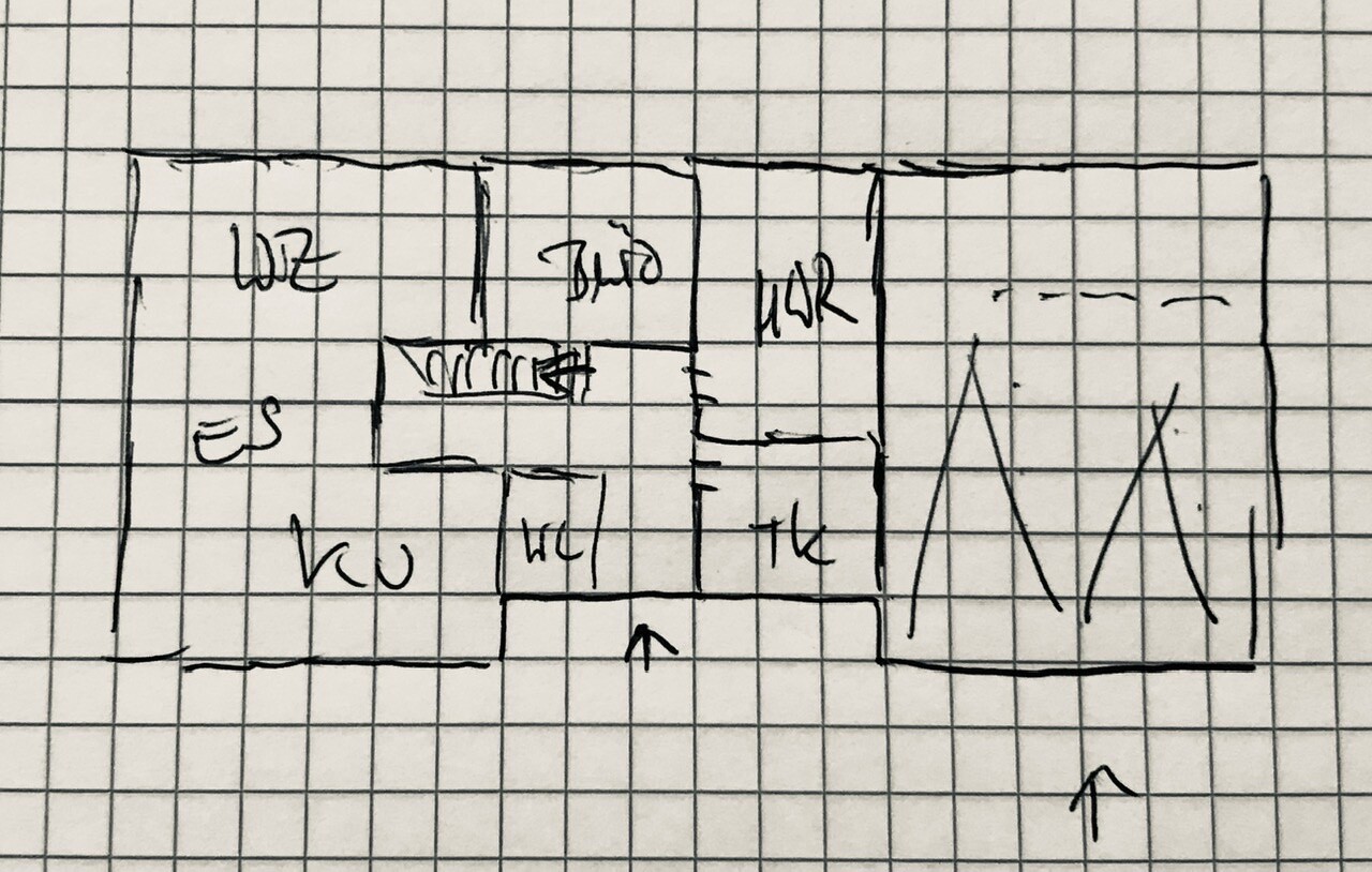 Skizze eines Wohnungs-Grundrisses auf kariertem Papier; beschriftete Räume, rechts Diagramm.