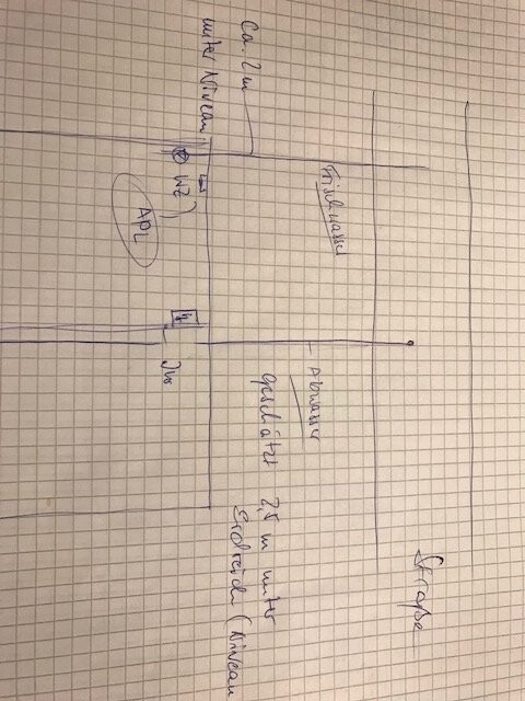 Handgezeichnete Grundriss-Skizze eines Hauses: Garage rechts, Flur in der Mitte, Räume links.