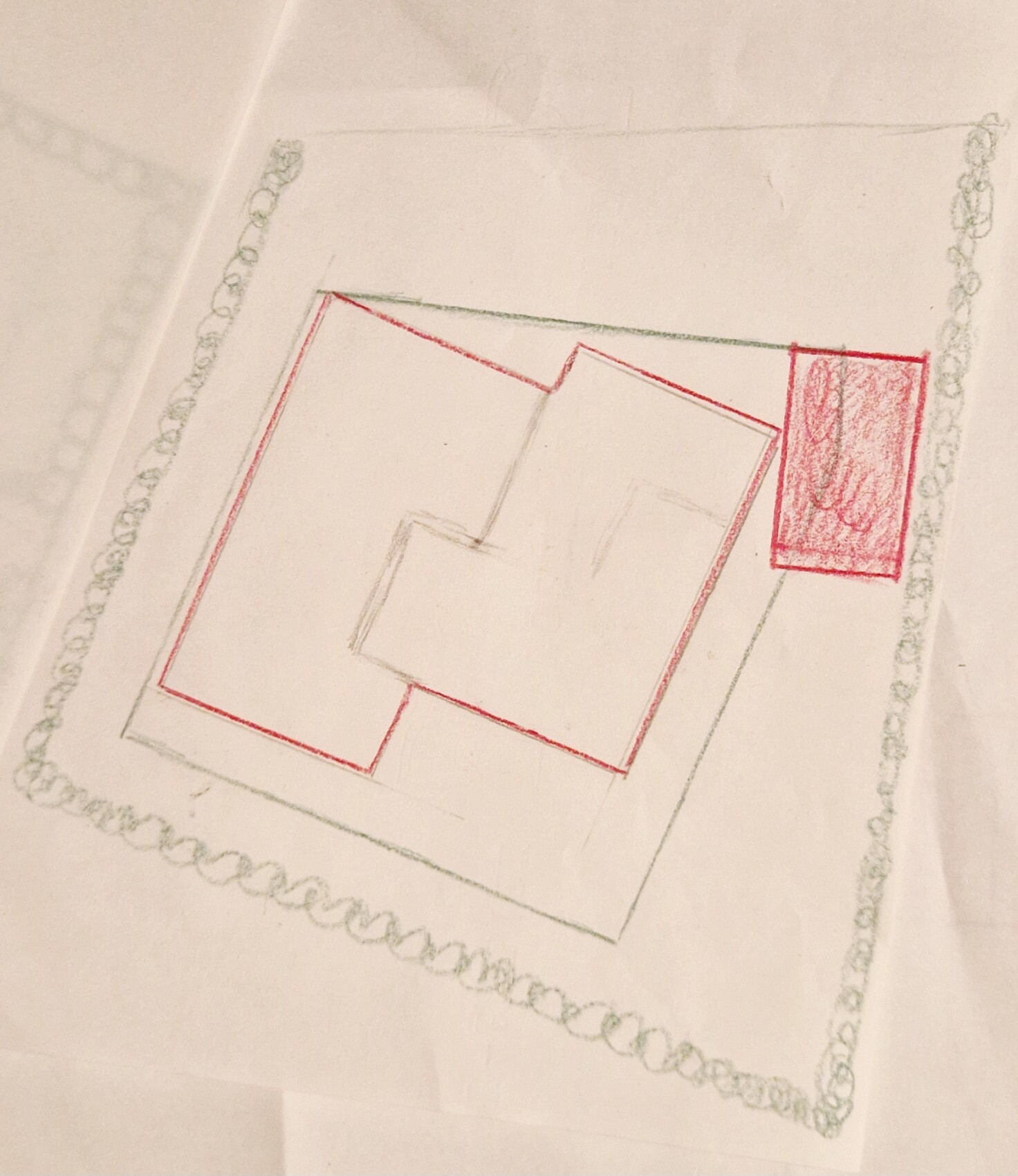 Skizze eines Grundrisses mit verschachtelten Rechtecken und rotem Block rechts.