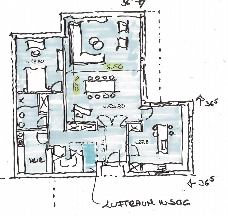 Handgezeichneter Grundriss eines Apartments mit Wohnzimmer, Küche, Bad und Schlafzimmer.
