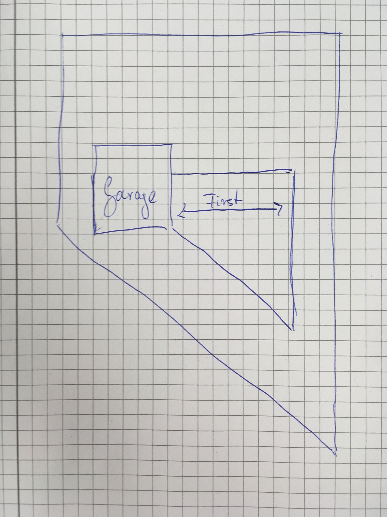 Handgezeichnete Grundriss-Skizze: Garage links, langer Raum rechts mit Pfeilen.