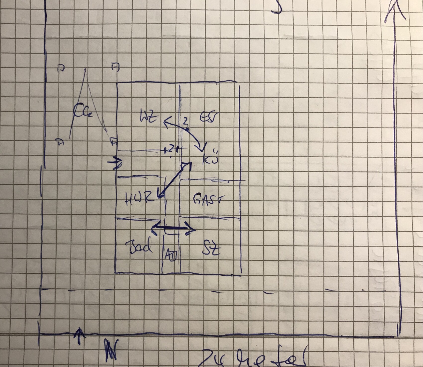 Handgezeichnete Skizze eines Wohnungsgrundrisses mit WZ, Küche, Bad, SZ und Flur.