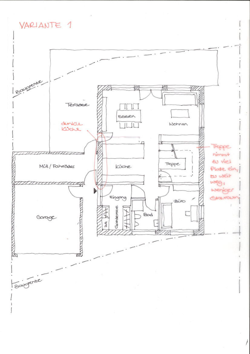 Grundriss-Skizze Variante 1: Eingang, Küche, Essen, Wohnen, Büro, Bad, Garage, Terrasse, Treppe