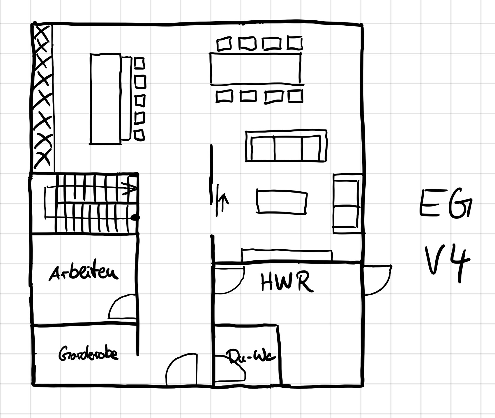 Grundriss-EG eines Büros: Arbeitsbereich, Garderobe, HWR, WC, Konferenztisch, Treppenhaus.