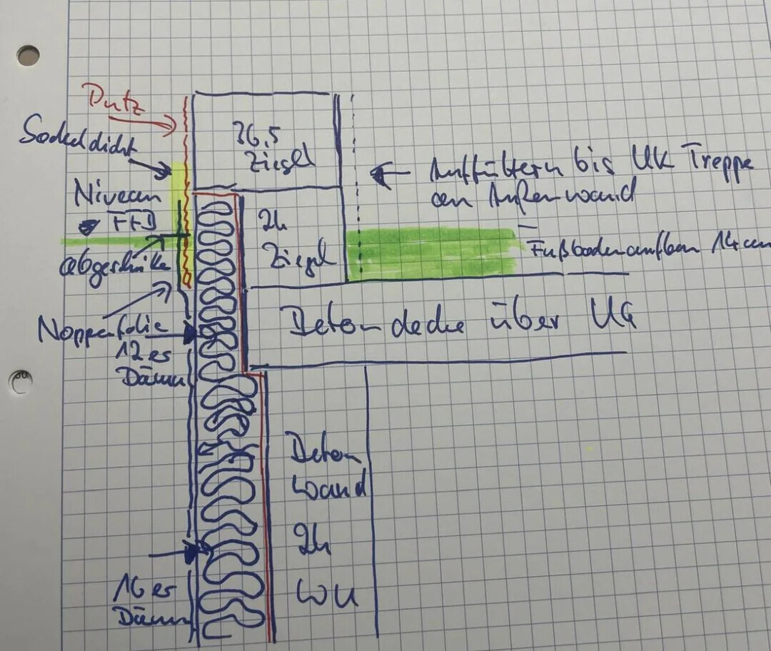 Handgezeichnete Grundriss-Skizze mit Treppe und Gebäudestruktur