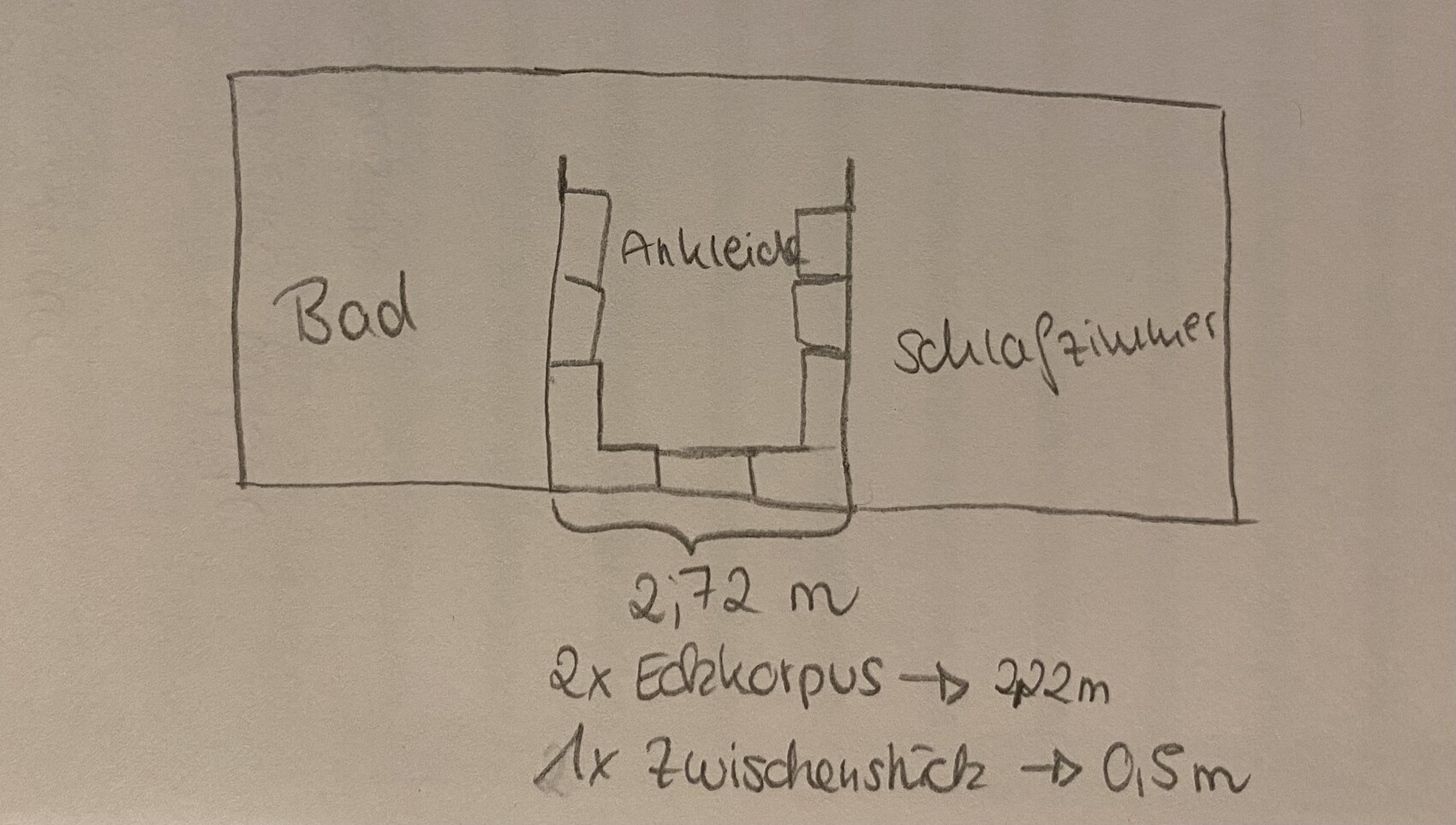 Handgezeichnete Grundrissskizze zeigt Bad, Ankleide und Schlafzimmer