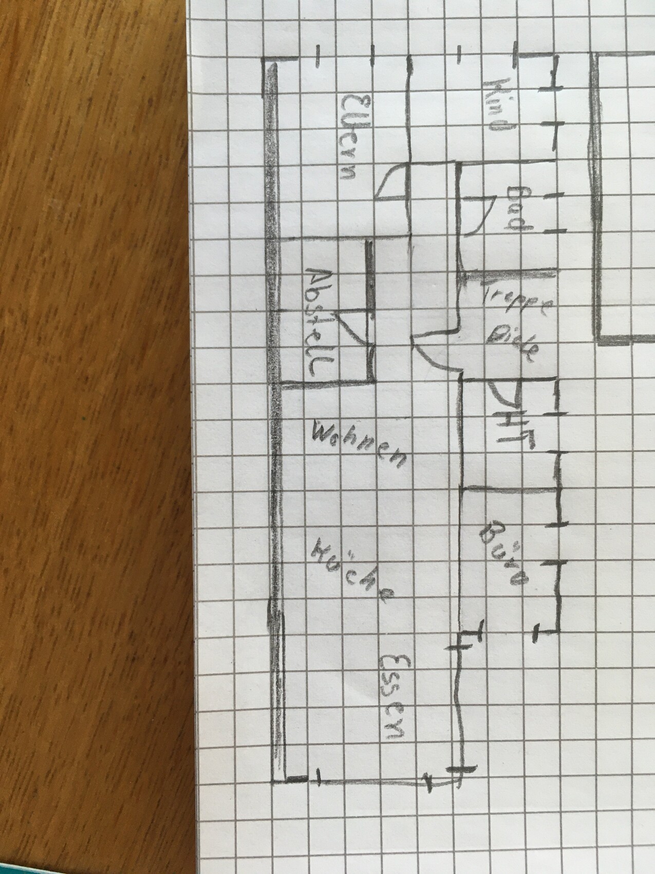 Handgezeichnete Grundriss-Skizze eines Hauses mit Wohnen, Essen, Küche, Bad, Flur, Abstellraum.