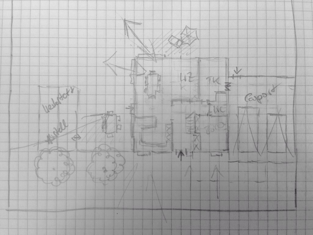 Skizze eines Gebäudes mit Garten, Treppen und Bäumen auf graphischem Grundriss.