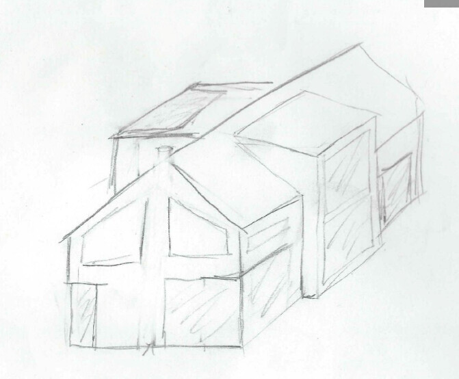 Skizze eines mehrteiligen Hauses mit mehreren Dachflächen, Bleistiftzeichnung.