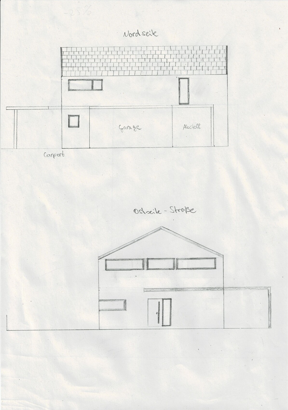 Handgezeichnetes zweigeschossiges Haus mit Carport, Garage und Abstellraum; Nord- und Ostseite.