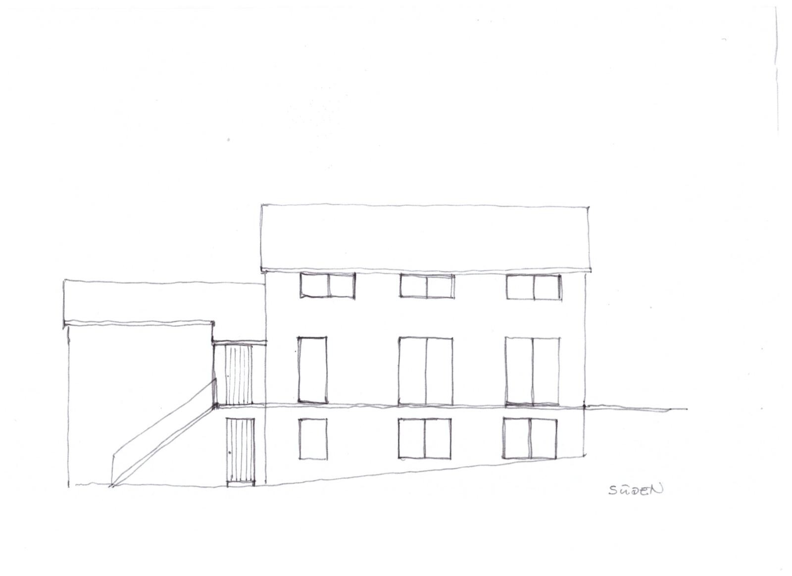 Skizze eines zweigeschossigen Hauses mit seitlichem Anbau, Treppe außen und Fenstern.