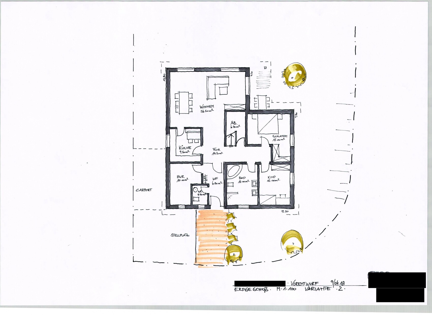 Handgezeichnete Grundrissskizze eines Hauses im Erdgeschoss mit Zimmern und Außenbereich.