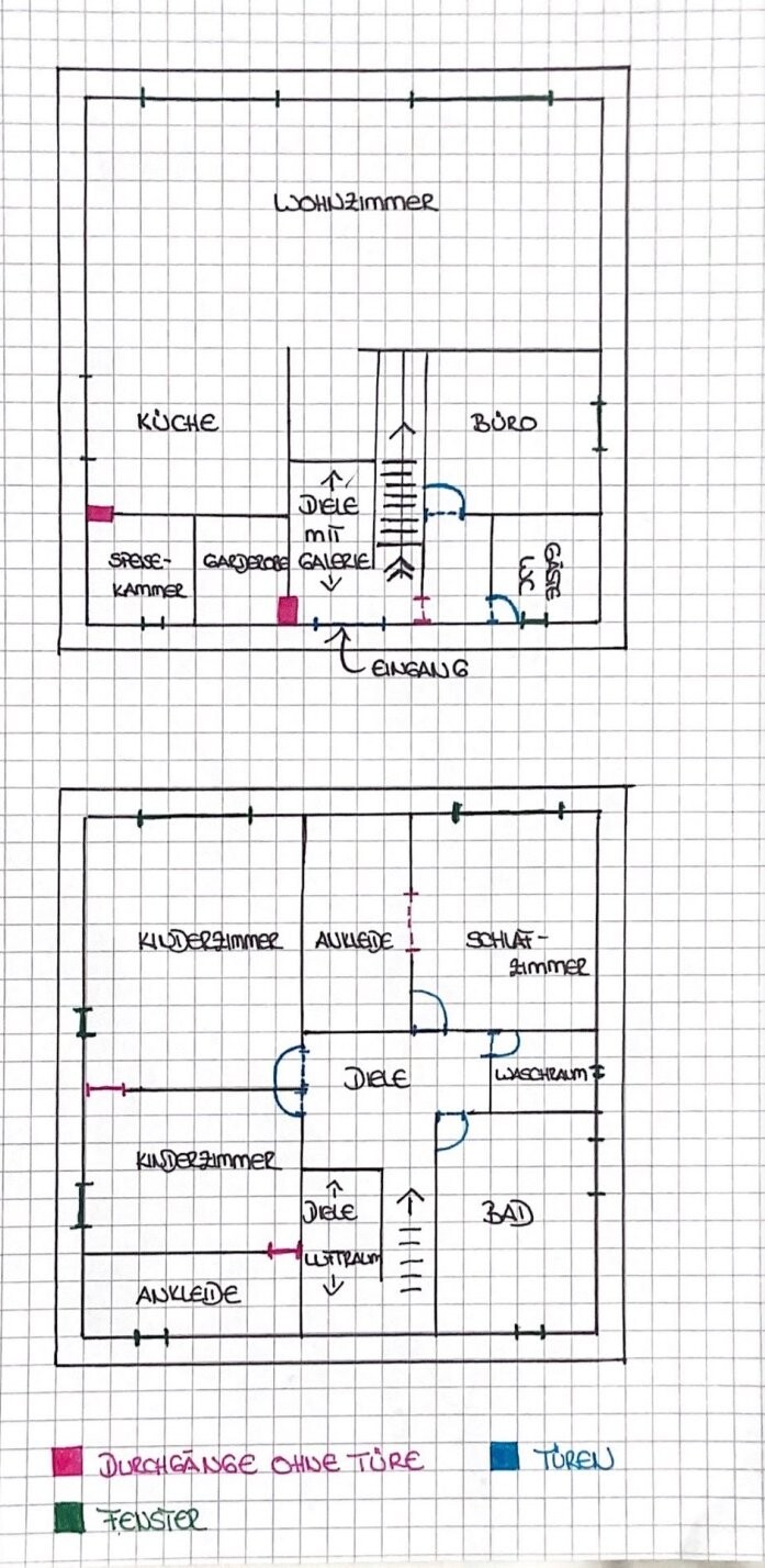 Handgezeichneter zweigeschossiger Hausgrundriss mit Wohnzimmer, Küche, Büro und Eingangsbereich